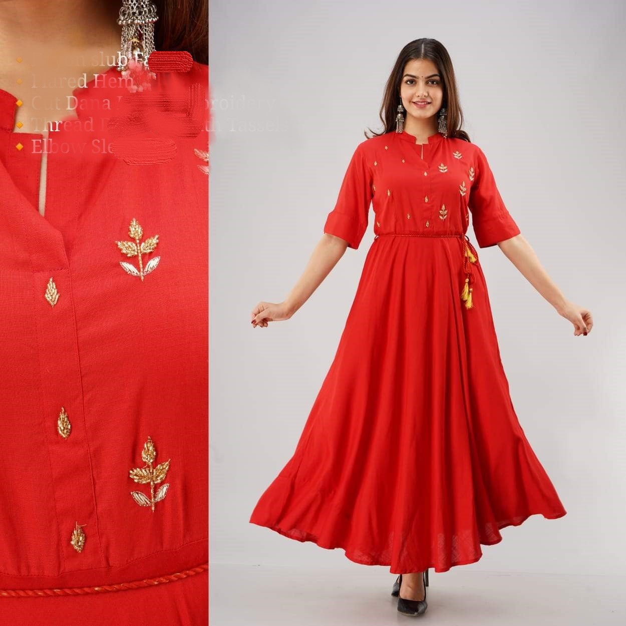 Long Gown kurti in Rayon with hand embroidery, dori belt with tassel elbow sleeve in 3 colors - SVB Ventures